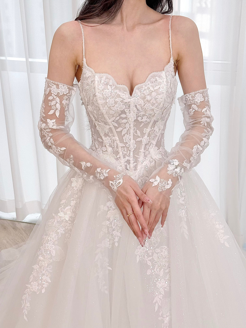 Spaghetti Strap Corset A-Line Wedding Dress with Detachable Lace Sleeves