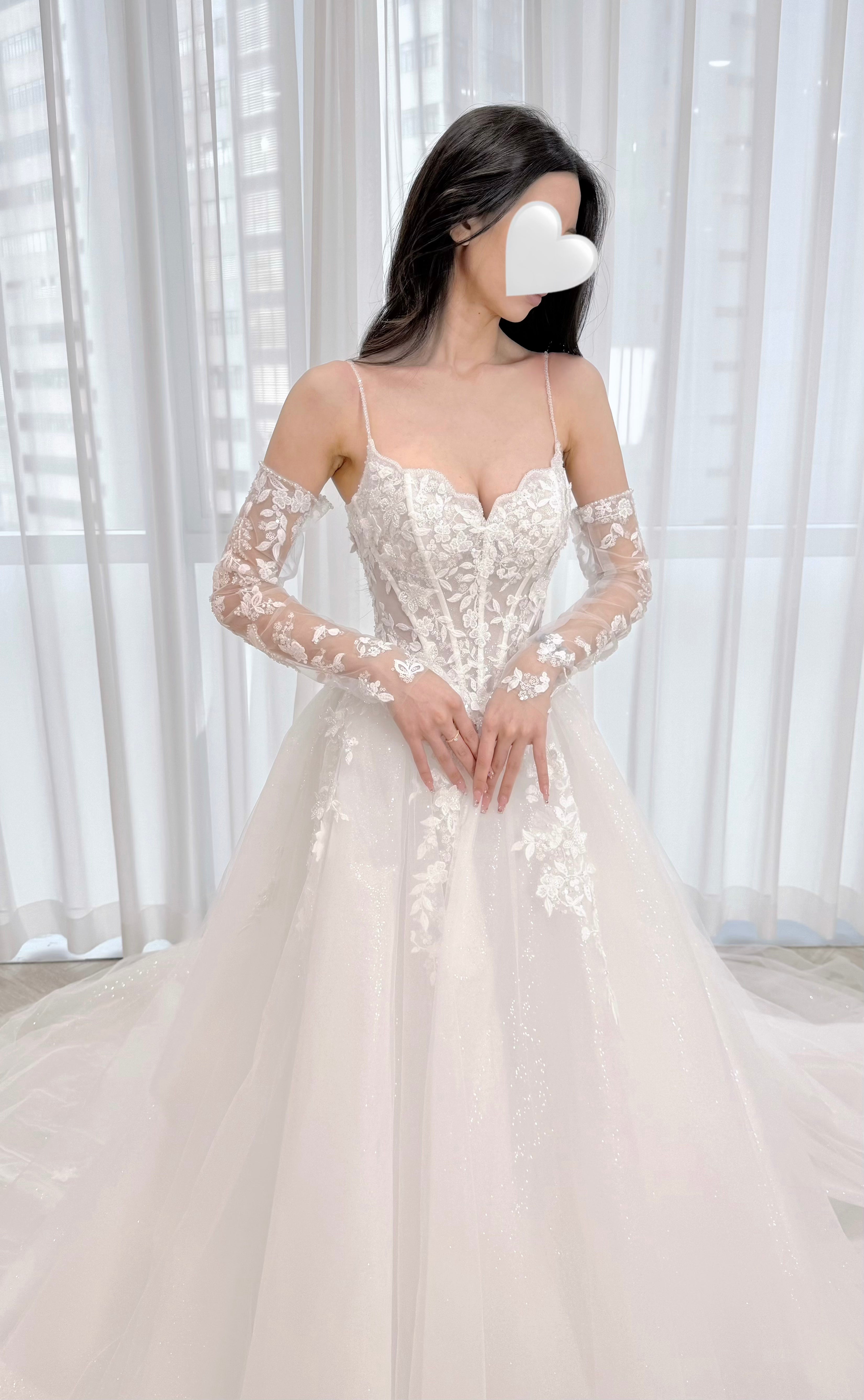 Spaghetti Strap Corset A-Line Wedding Dress with Detachable Lace Sleeves