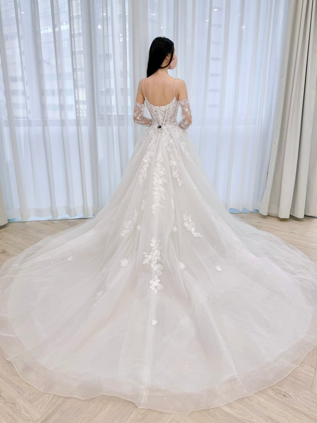 Spaghetti Strap Corset A-Line Wedding Dress with Detachable Lace Sleeves