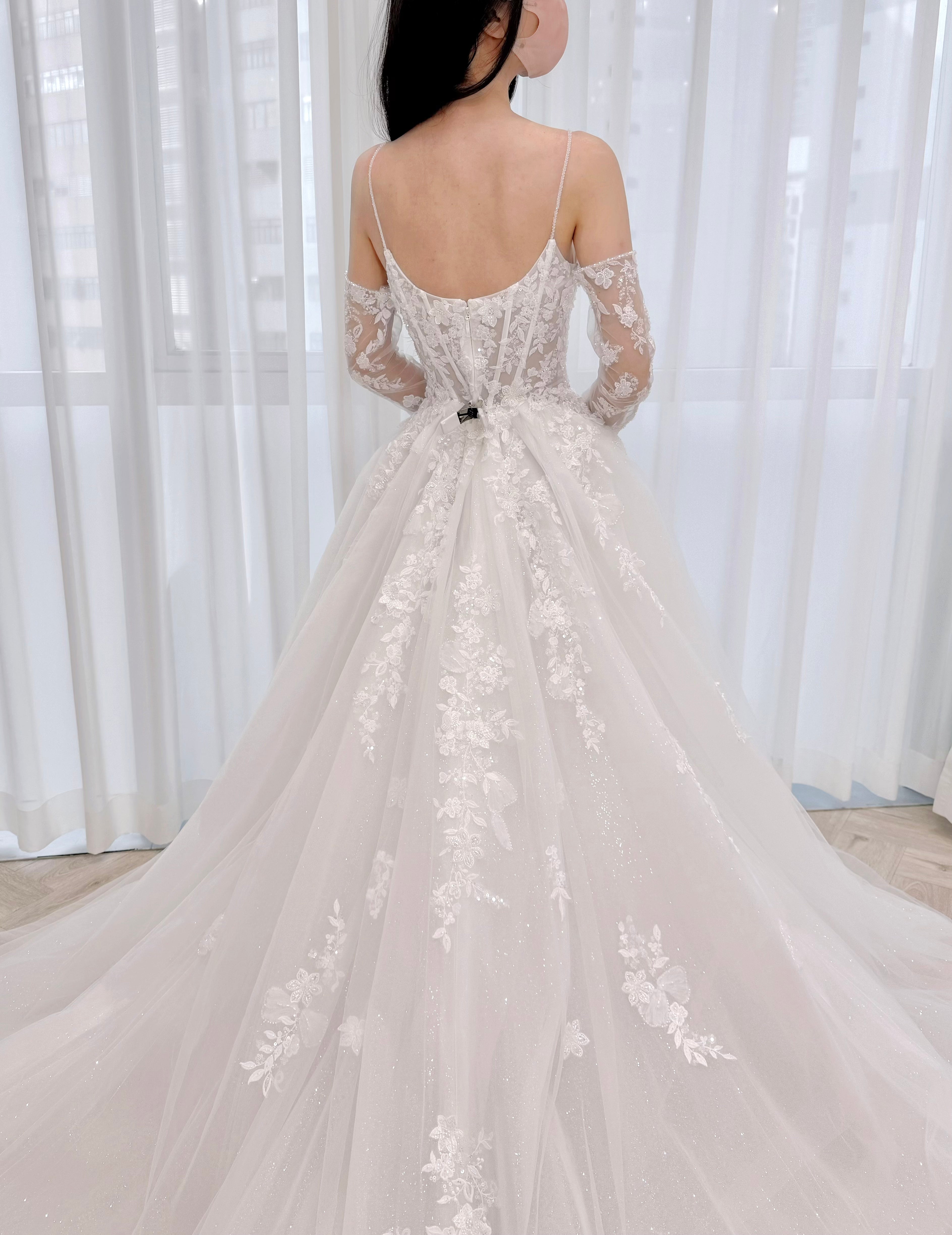 Spaghetti Strap Corset A-Line Wedding Dress with Detachable Lace Sleeves