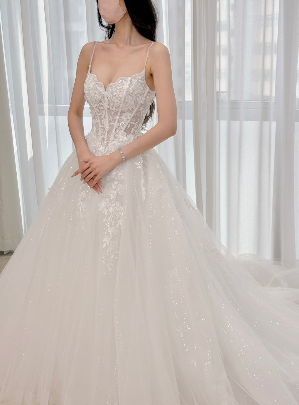 Spaghetti Strap Corset A-Line Wedding Dress with Detachable Lace Sleeves