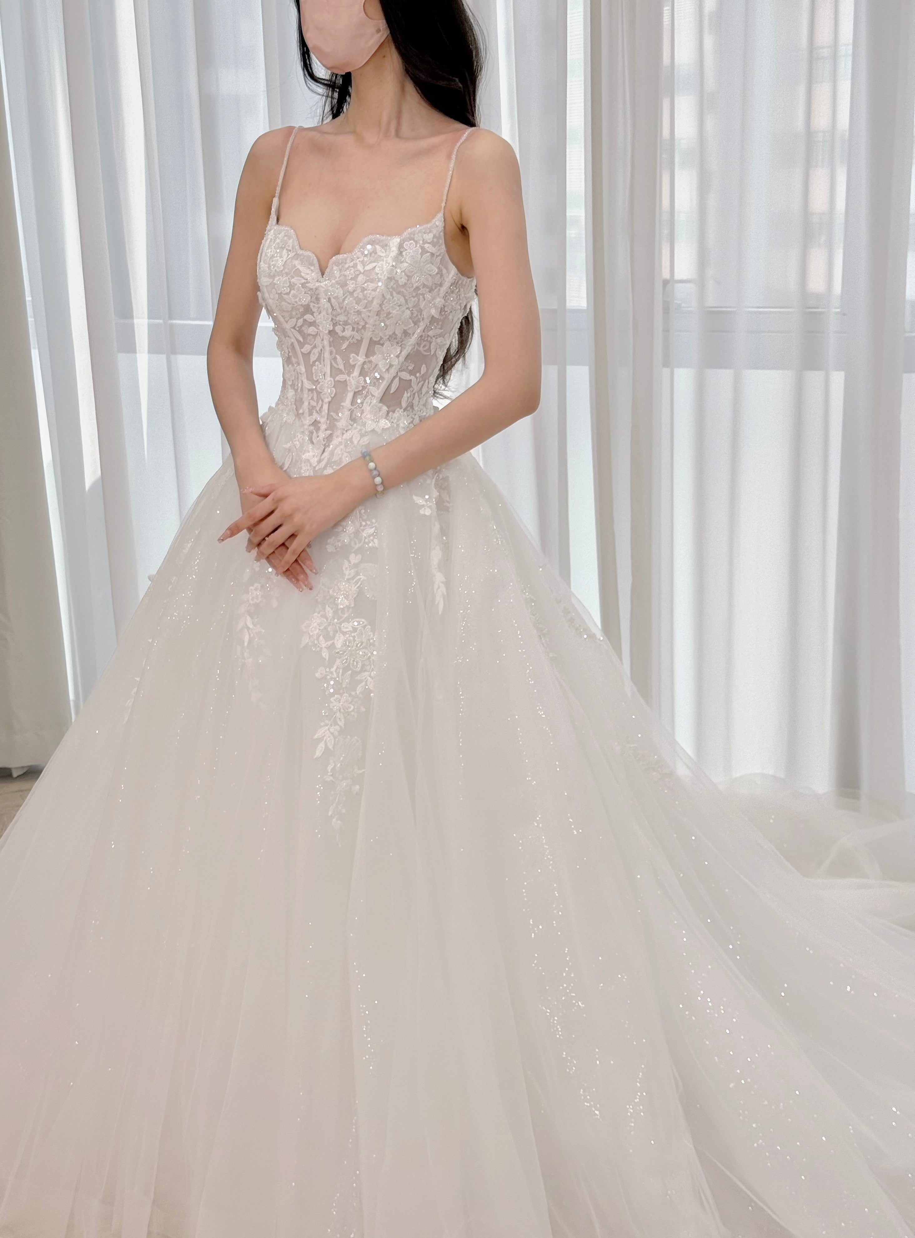 Spaghetti Strap Corset A-Line Wedding Dress with Detachable Lace Sleeves