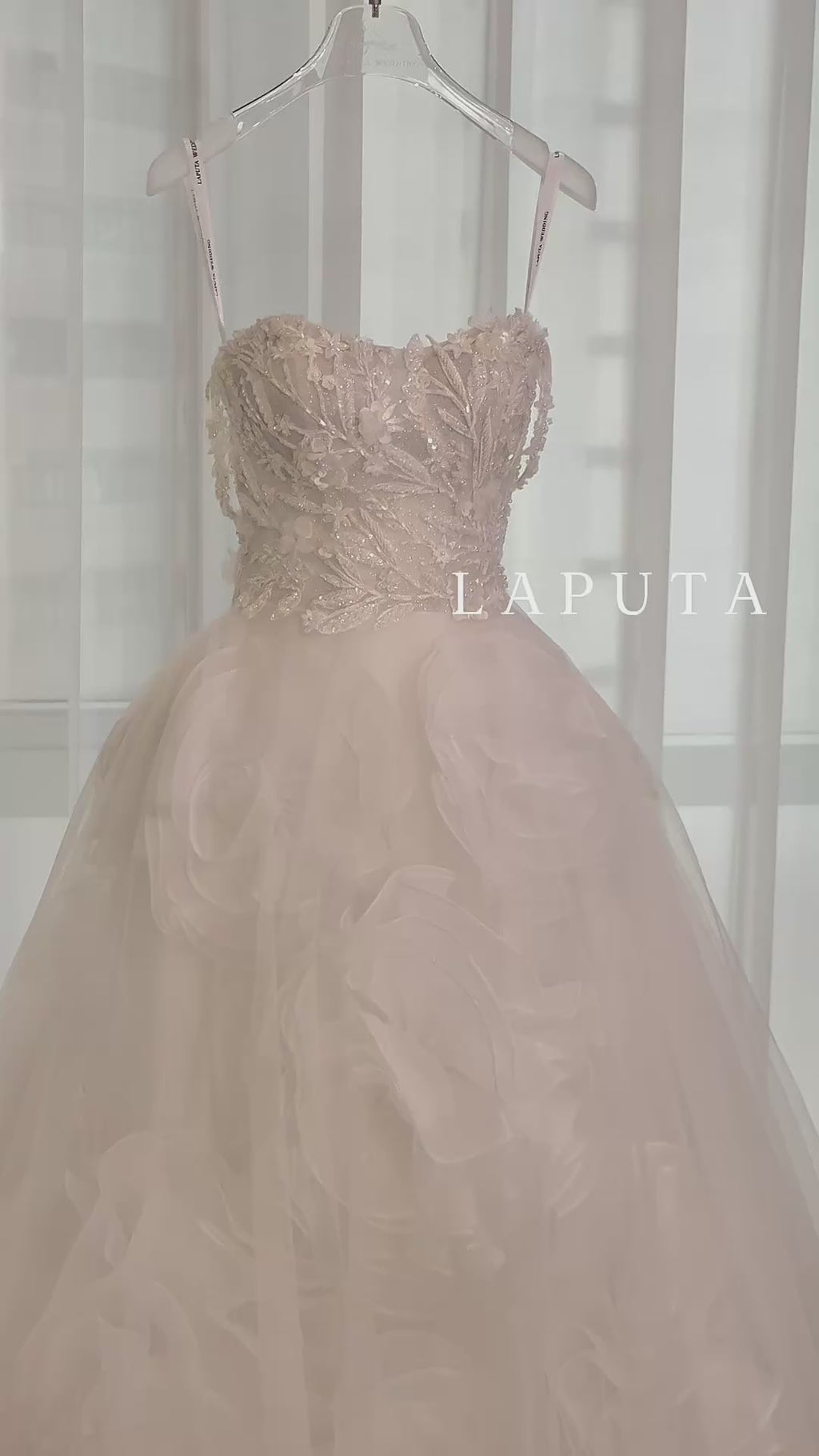 Convertible 3D Floral Ruffle Ball Gown Wedding Dress with Detachable Off-the-Shoulder Straps