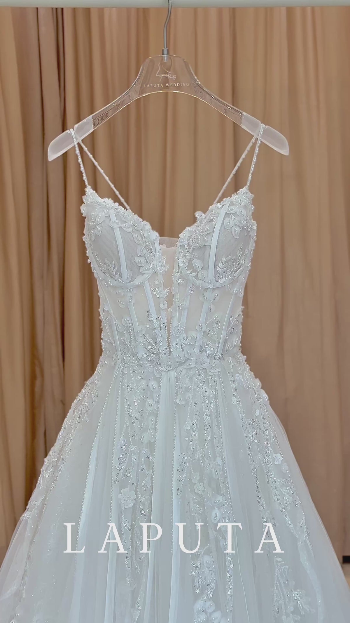 Sparkly Glitter Tulle A-Line Wedding Dress with Delicate Spaghetti Straps and Corset Bodice