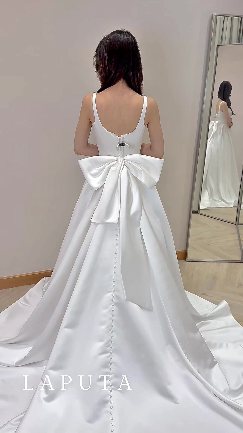 Luxurious Satin Bridal Gown with Removable Back Bow and Train