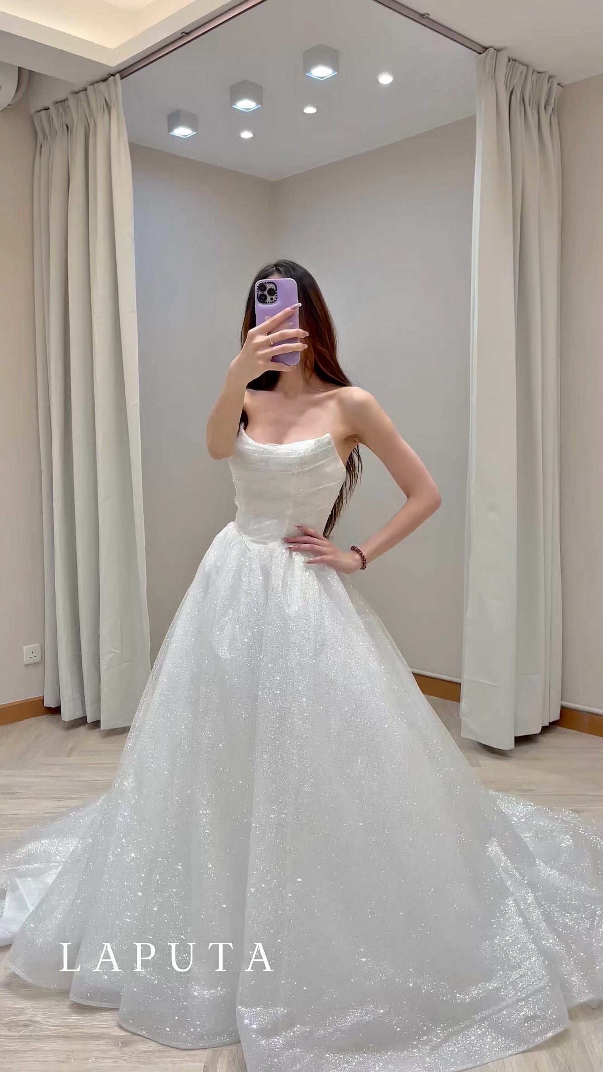 Convertible Sparkly Glitter Tulle Ball Gown Wedding Dress with Draped Bodice and Detachable Ruffle Sleeves
