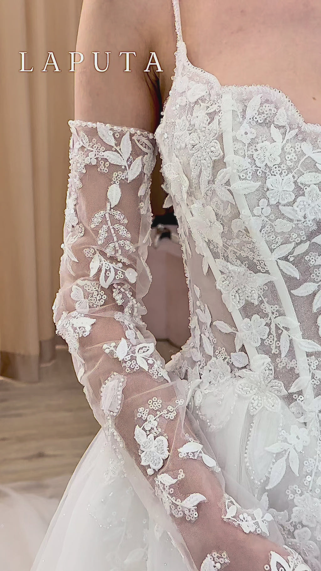 Spaghetti Strap Corset A-Line Wedding Dress with Detachable Lace Sleeves