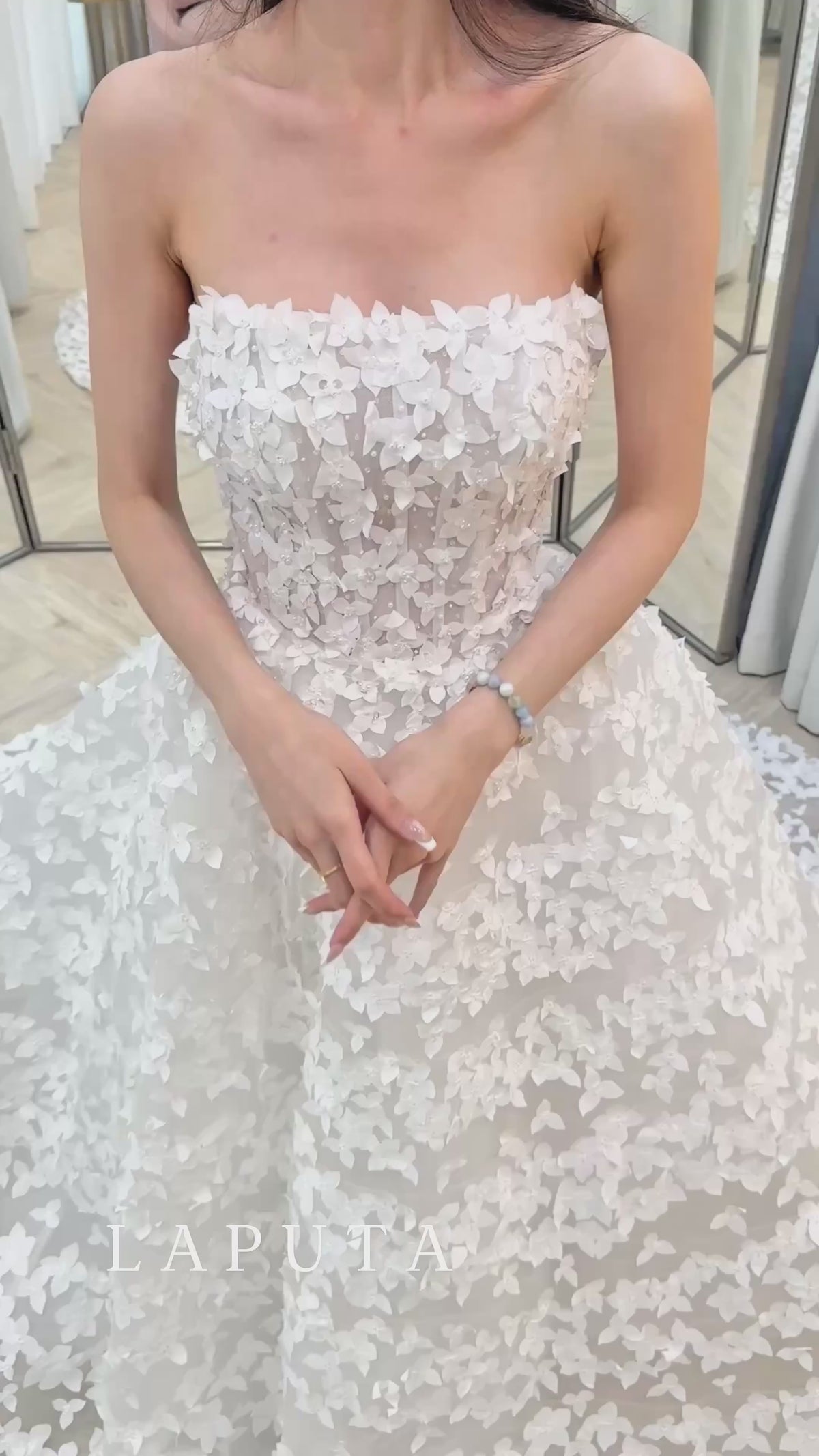 Strapless 3D Floral Appliqué Ball Gown Wedding Dress
