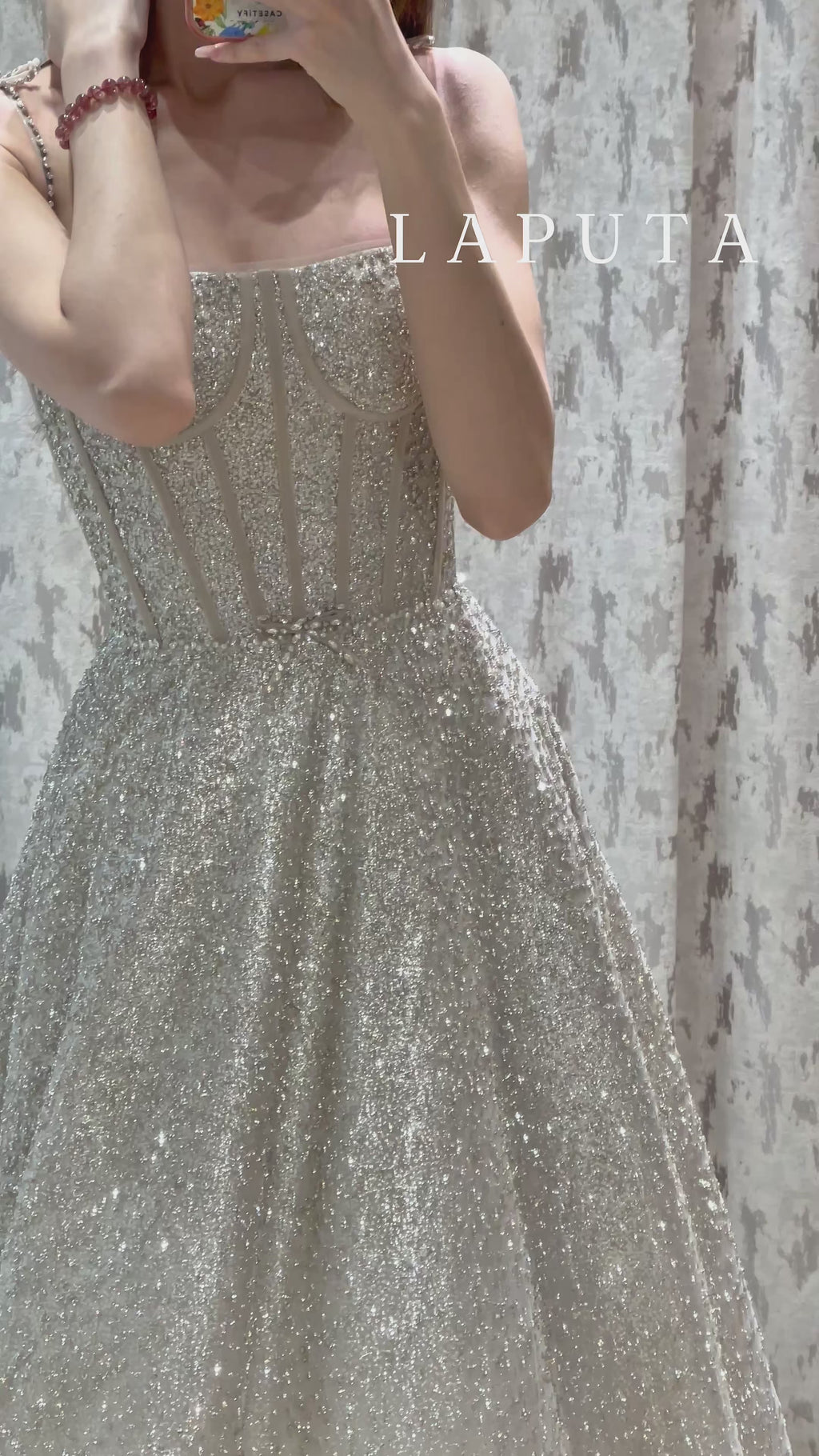 Convertible Glitter Tulle A-Line Evening Dress with Detachable Off-the-Shoulder Sleeves